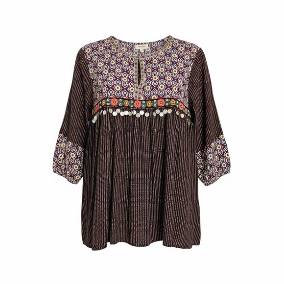 Umgee Tops - Umgee Boho Tunic Top Boho Medallion Print Embellished Coins 3/4 Seve Sz L